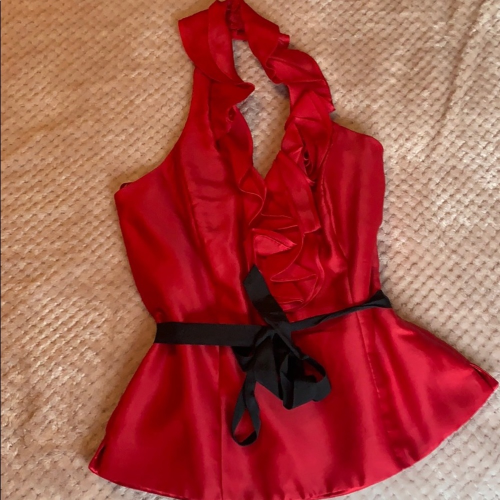 Silk ruffled halter sleeveless blouse
